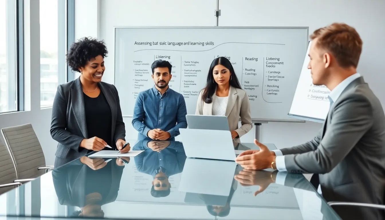 professionals collaborating on language skills assessment in a modern setting.