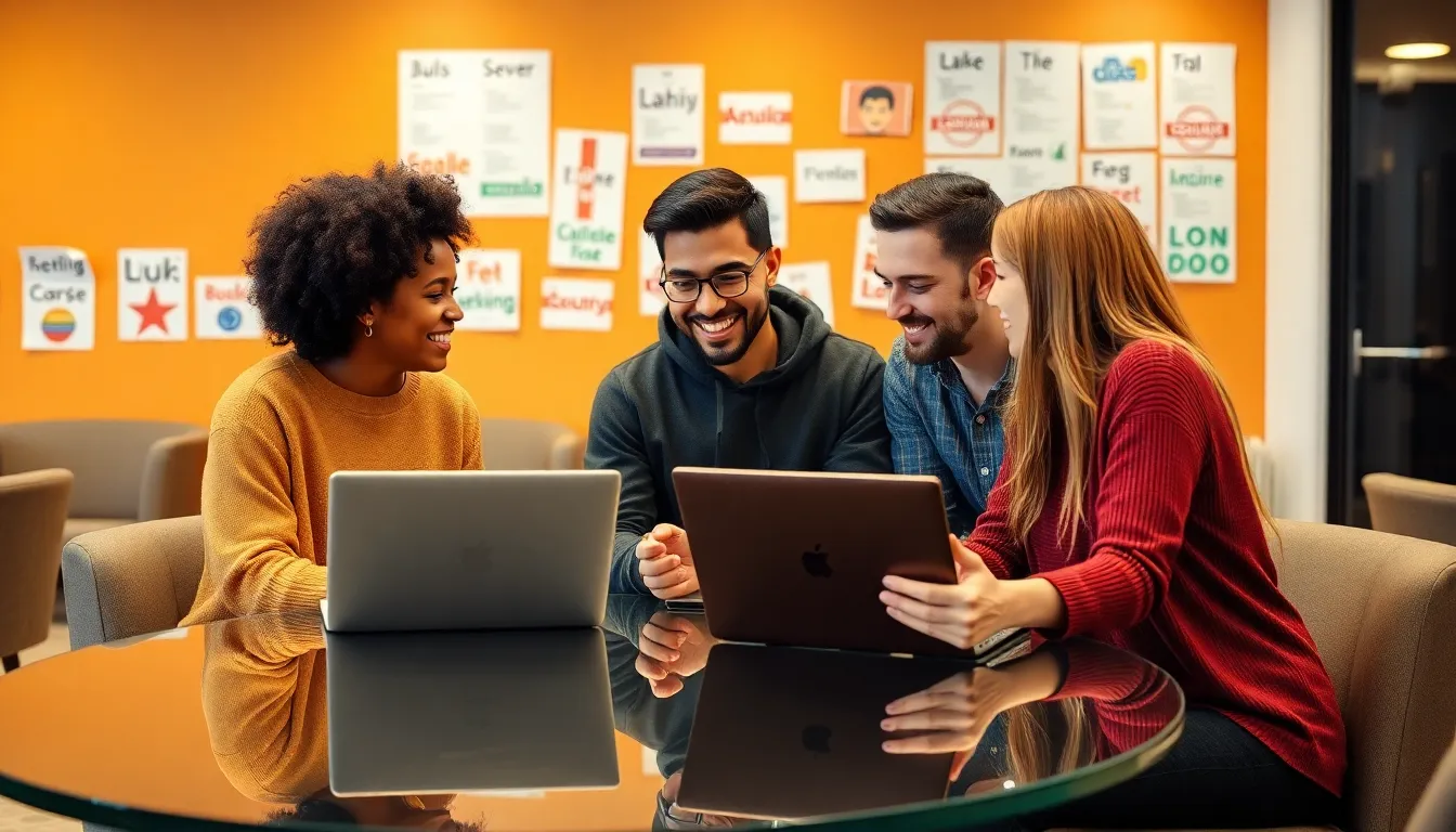 diverse students engaging in lively language crosstalk in a modern classroom.