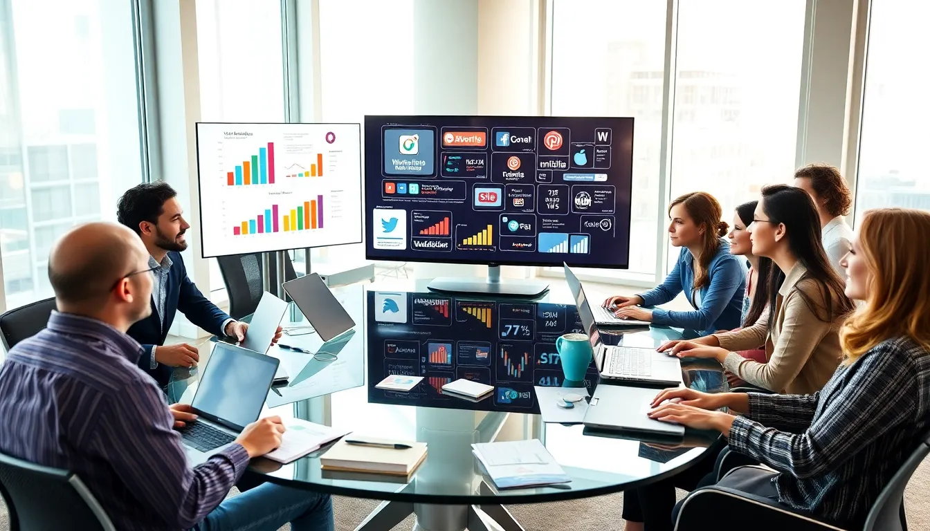 diverse team collaborating on viral marketing strategies in a modern office.