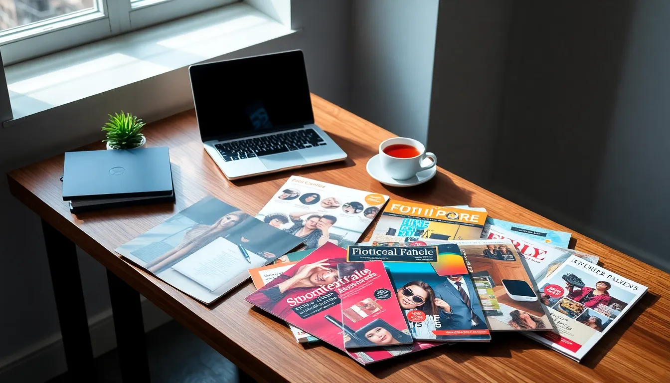 variety of free product catalogs displayed on a desk.