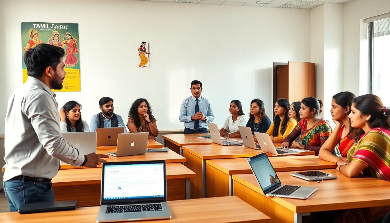 diverse students learning Tamil in a modern classroom.