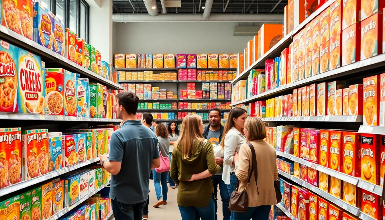 shoppers exploring a diverse cereal aisle in a grocery store.