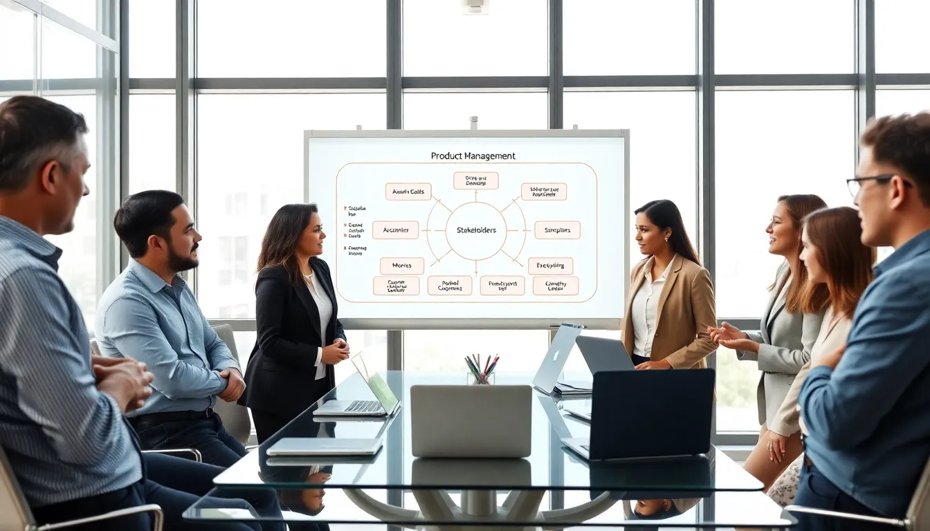 diverse team collaborating on product management frameworks in a modern office.