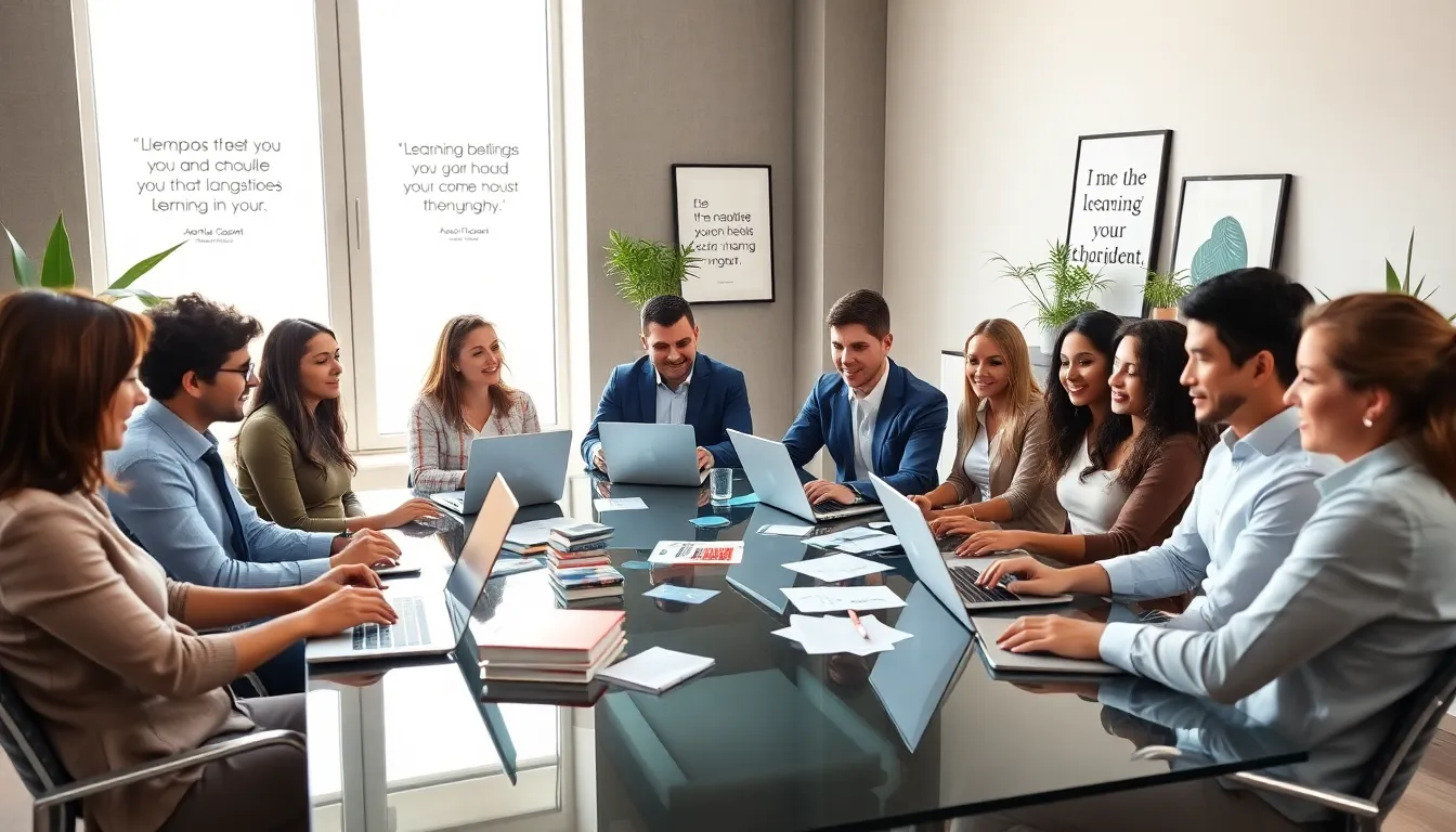 diverse team collaborating on language learning in a modern office.