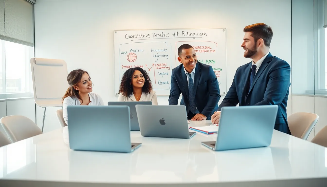 diverse professionals discussing language learning benefits in a modern office.