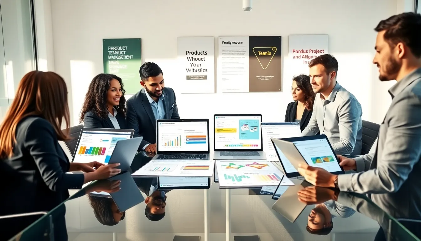 diverse professionals collaborating with product management templates in a modern office.