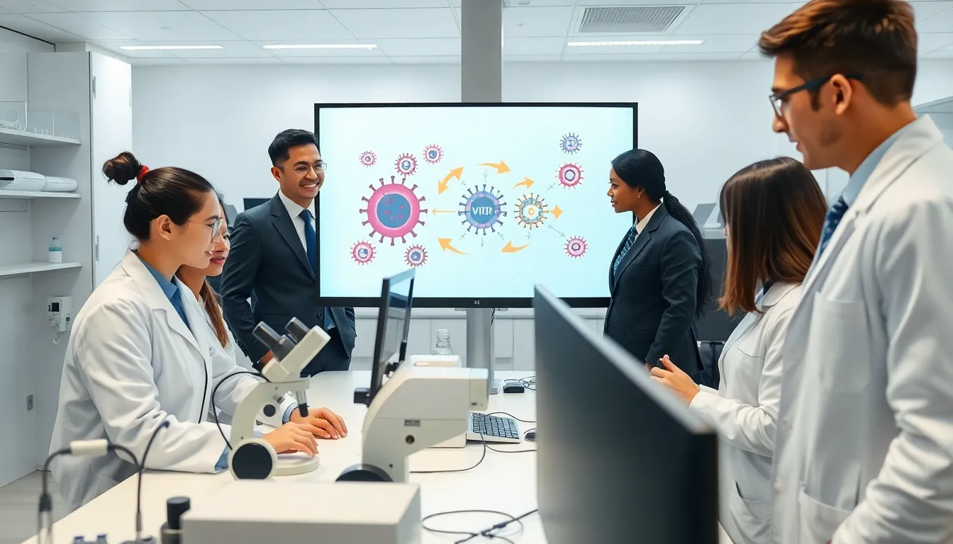 scientists studying viral replication in a modern laboratory.