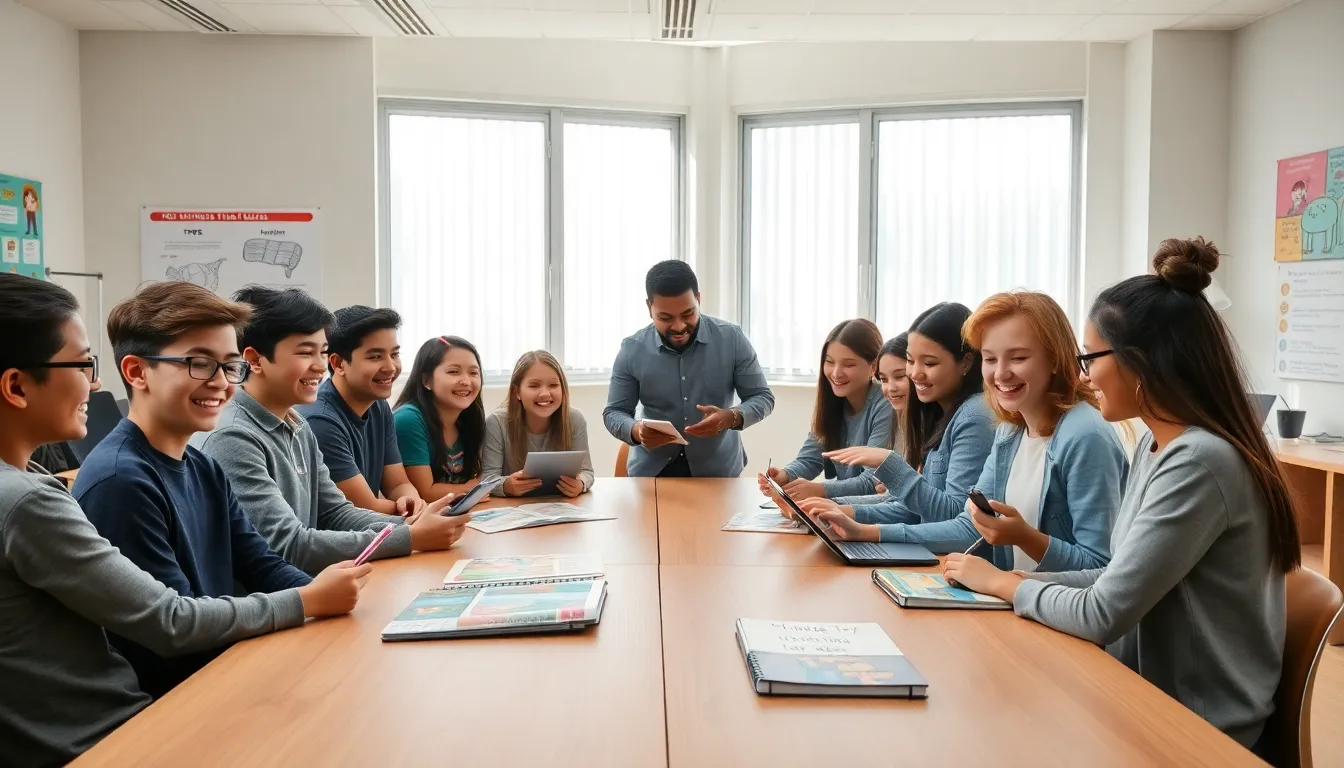 students engaging in storytelling activities in a modern classroom.
