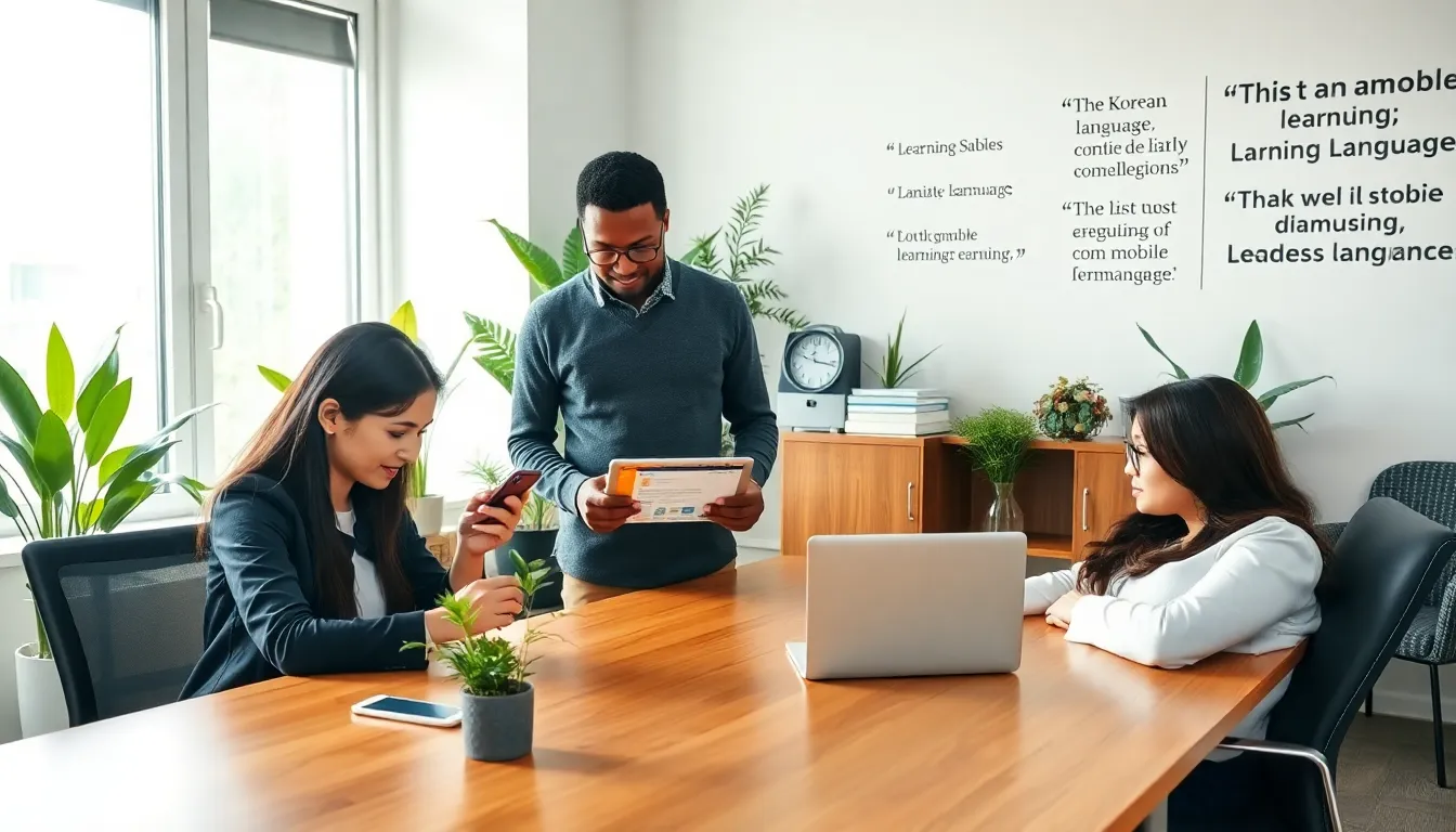 diverse professionals using a Korean language learning app in a modern office.