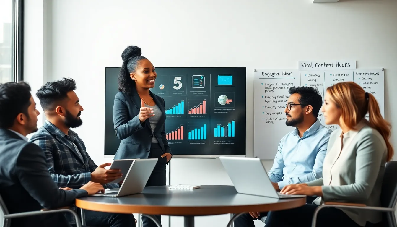 diverse team discussing strategies for viral content creation in a modern office.